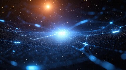 Glowing blue digital network of interconnected nodes and sparkling particles beneath a distant warm light, evoking futuristic wonder and cosmic connectivity