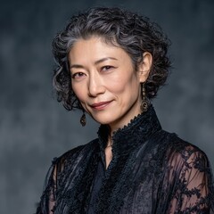 Professional headshot of mature East Asian woman with elegant gray hair, natural aging beauty, studio softbox lighting commercial photography