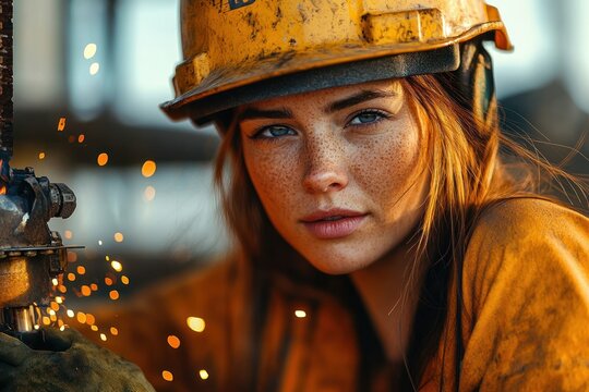 Worker in yellow hard hat and protective clothing grinding metal with sparks flying, long hair visible, focused and determined in a warm lit industrial workshop