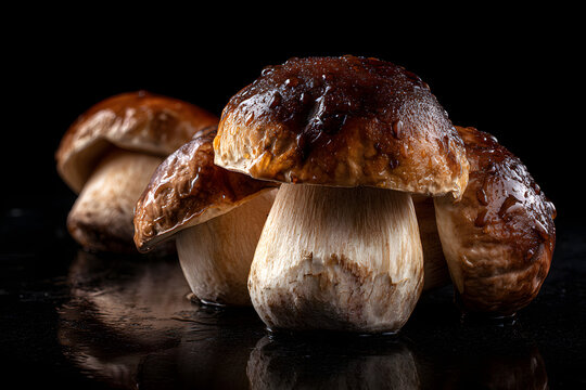 White mushrooms on a black background