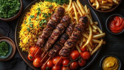 Mouthwatering grilled meat skewers with saffron rice, golden french fries, roasted cherry tomatoes, fresh parsley garnish and dipping sauces on a dark wooden platter