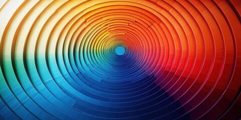 vibrant rainbow concentric circular tunnel of layered metallic rings receding to a bright central opening, hypnotic geometric abstract perspective and dynamic depth
