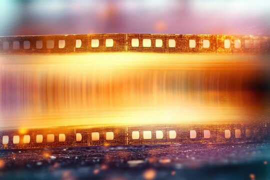 close-up of two overlapping film strips with glowing golden light, warm bokeh and blurred streaks evoking nostalgic cinematic mood