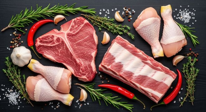 A variety of raw meat and poultry on a dark wooden surface with fresh herbs and spices.