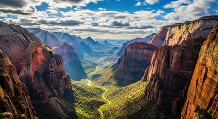 Dramatic view looking down into the lush green valley floor of zion national park, surrounded by towering, sunlit sandstone cliffs under a partly cloudy blue sky