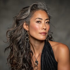 Professional headshot of mature East Asian woman with elegant gray hair, natural aging beauty, studio softbox lighting commercial photography
