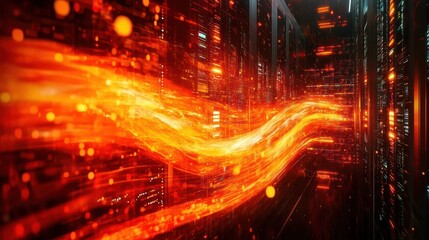 Intense glowing orange data stream weaving through dark server racks and blinking LED panels, futuristic high-energy digital flow and motion