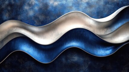three metallic silver and cobalt blue wavy ribbons layered over a textured dark blue background, evoking a calm elegant fluid motion