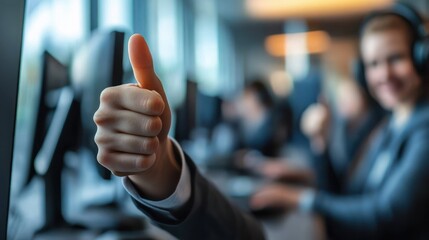 close-up of a hand giving a thumbs up in a busy office with blurred coworkers at computers conveying approval and positive teamwork