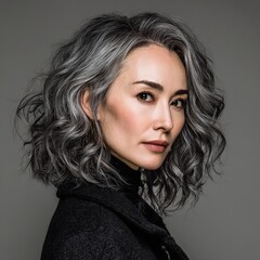 Professional headshot of mature East Asian woman with elegant gray hair, natural aging beauty, studio softbox lighting commercial photography