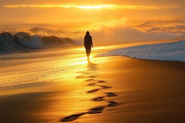 silhouette of a solitary person walking along a golden beach at sunrise with footprints in wet sand and waves crashing, serene and contemplative atmosphere