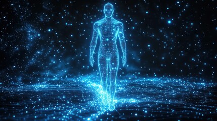 Glowing blue wireframe humanoid walking across a grid of light and particles in a starry digital space, evoking futuristic wonder and calm determination