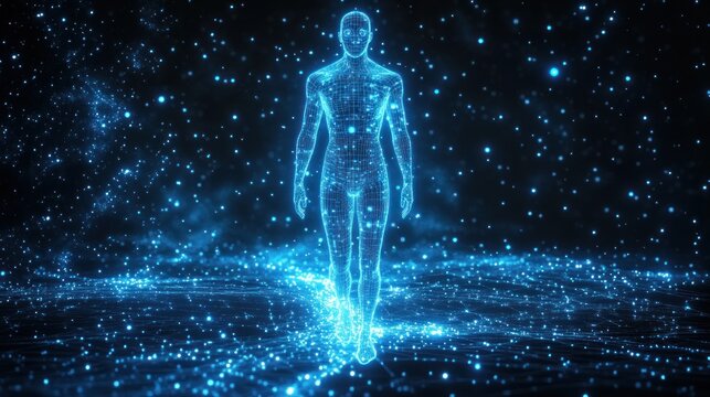 Glowing blue wireframe humanoid walking across a grid of light and particles in a starry digital space, evoking futuristic wonder and calm determination