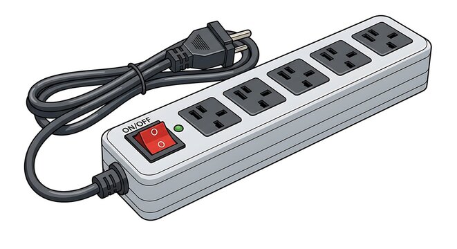White Power Strip with Multiple Outlets and Black Cord.