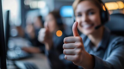 call center worker wearing headset gives thumbs up in busy office with teammates at computers, upbeat and supportive atmosphere