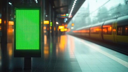 Empty modern train station platform with glowing green digital billboard, blurred departing train, warm orange lights, reflective floor and moody futuristic atmosphere