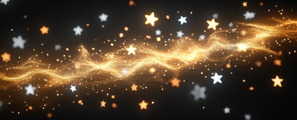 golden glittering wave of stardust and glowing white and orange stars on a dark background, magical and festive dreamy atmosphere