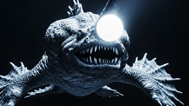 Terrifying Deep Sea Anglerfish Monster with Glowing Lure in Dark Abyss.