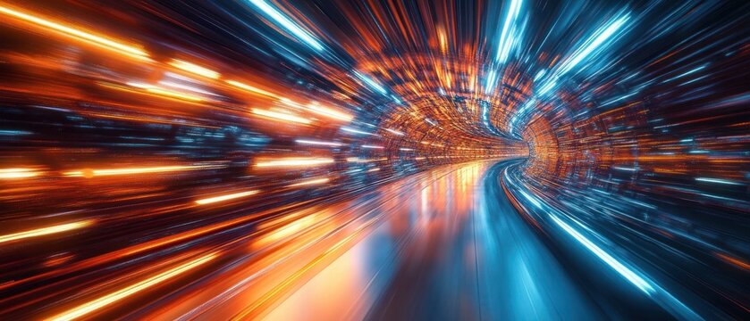 Curved glowing tunnel of blue and orange streaking lights over a reflective road, intense motion blur and velocity conveying exhilaration and futuristic energy - Powered by Adobe