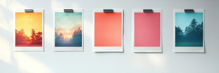 five instant-style prints clipped to a white wall: three forest landscape photos and two coral color blocks with soft sunlight and a serene minimalist mood