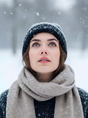 Dreamy Winter Fashion Portrait &ndash; Looking Up Close-Up Head Visible