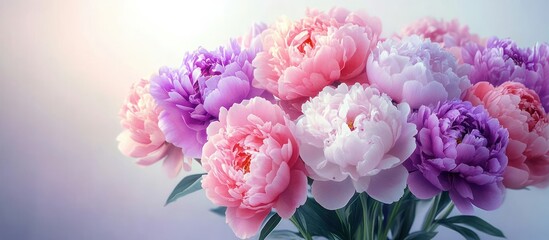 bouquet of pink, purple and white peonies with lush green leaves bathed in soft morning light, evoking delicate romantic serenity