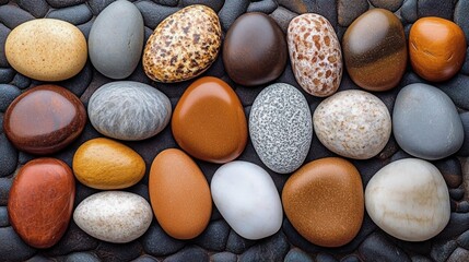 Rows of smooth multicolored pebbles and rounded stones on a dark textured pebble background, tranquil and soothing natural arrangement