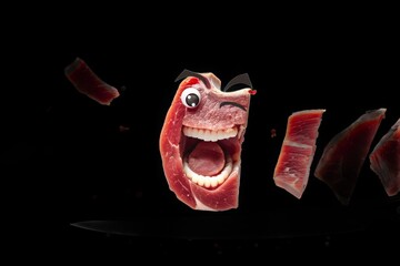 Surreal raw meat sculpture reveals a wide-mouthed, laughing character