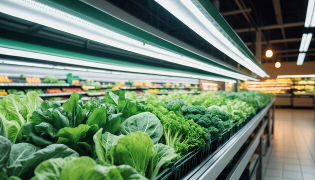 Brightly lit supermarket aisle showcasing abundant fresh green leafy vegetables and broccoli on display shelves