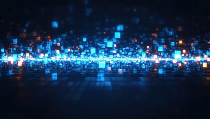 glowing blue and orange pixelated squares floating above a dark reflective grid, a futuristic digital data stream and distant cityscape evoking motion, energy, and mystery