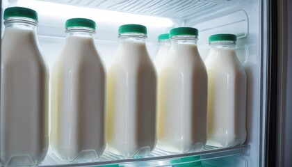 Row of glass milk bottles with green caps stored on a refrigerator shelf under bright internal light