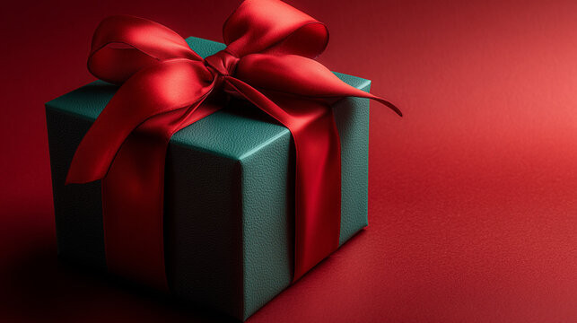Minimal Green Christmas Gift With Red Bow Against Red Background – Clean Modern Holiday Still Life