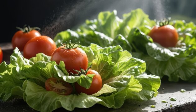 Fresh ripe red tomatoes and crisp green lettuce leaves glistening with water droplets and fine mist - Powered by Adobe