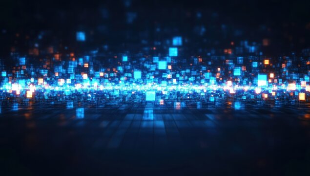 glowing blue and orange pixelated squares floating above a dark reflective grid, a futuristic digital data stream and distant cityscape evoking motion, energy, and mystery - Powered by Adobe
