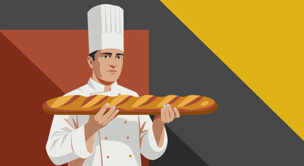 A professional male baker proudly presents a freshly baked golden baguette, symbolizing culinary expertise and the delicious craft of bread making.