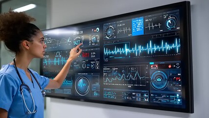 Nurse interacting with advanced medical display, analyzing patient data in a modern healthcare setting