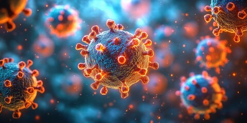 Close-up of glowing spherical virus particles with orange spike proteins floating in a bluish microscopic environment, conveying an ominous tense mood