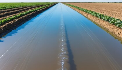 Long water filled irrigation channel with plastic covering separates young green crops and tilled soil in a farm field