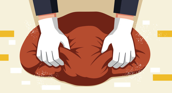A pair of white-gloved hands are actively kneading a soft, brown, pliable material, demonstrating a process of shaping or preparing something.