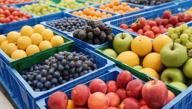 Assortment of vibrant fresh fruits including apples oranges grapes berries and peaches neatly arranged in market crates