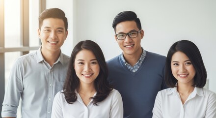 Four smiling business professionals standing in an office setting.
