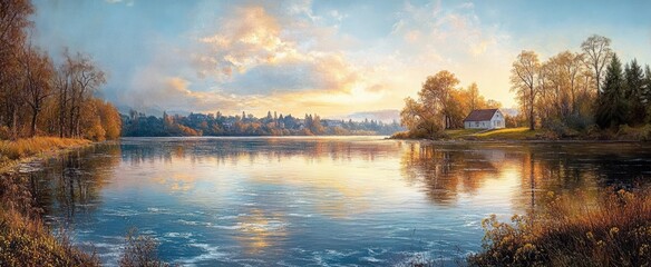 lakeside cottage on a golden autumn shore at sunset with calm reflective water, distant treeline and peaceful tranquil atmosphere