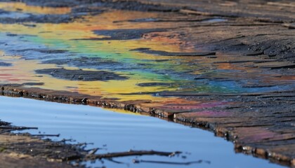 Obraz premium Iridescent rainbow colors reflecting in oil covered water on a dark wet textured surface