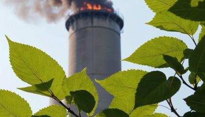Vivid green leaves partially obscure a large industrial chimney burning intensely with thick dark smoke