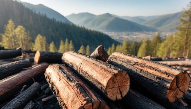 Stacked wooden logs with visible bark and tree rings A clear sky overlooks forested mountains and a distant valley town