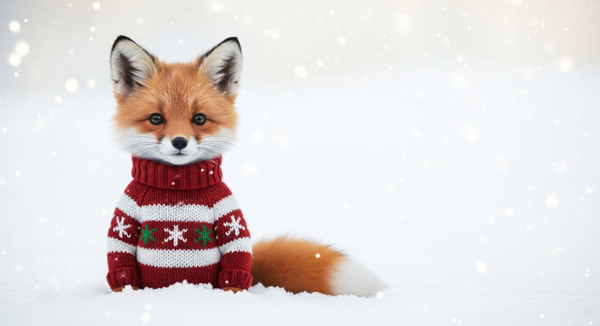 Adorable fox wearing a christmas sweater sitting in the snow with snowflakes falling creating a festive winter scene perfect for holiday greetings
