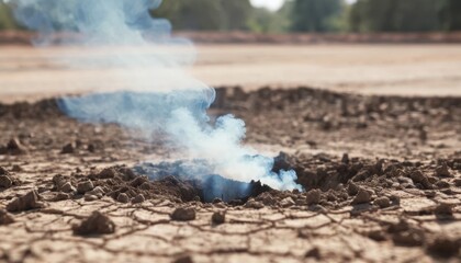 Blue smoke rises from a small crater in dry cracked earth The parched ground shows signs of drought