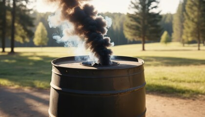 Dark smoke billows from a metal burn barrel on a sunny day in a grassy park with green trees
