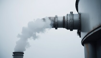 Dense white steam billows from a large industrial pipe and a smokestack into a grey overcast sky