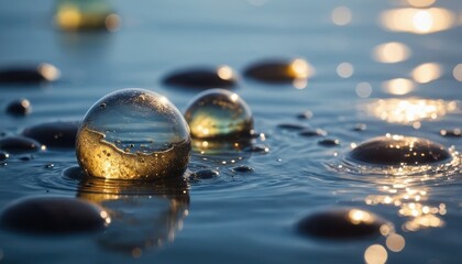 Translucent glass spheres reflecting golden sunlight floating on serene blue water with delicate ripples and bokeh